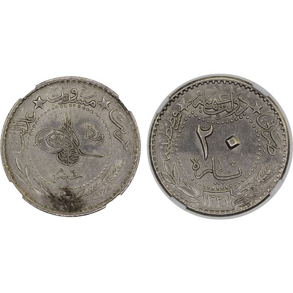 OTTOMAN TURKEY: Muhammad V, 1909-1918, 20 para, AH1327 year 6, NGC MS63