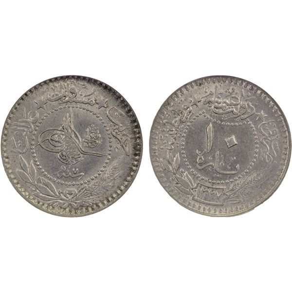OTTOMAN TURKEY: Muhammad V, 1909-1918, 5 para, AH1327 year 7, NGC MS63
