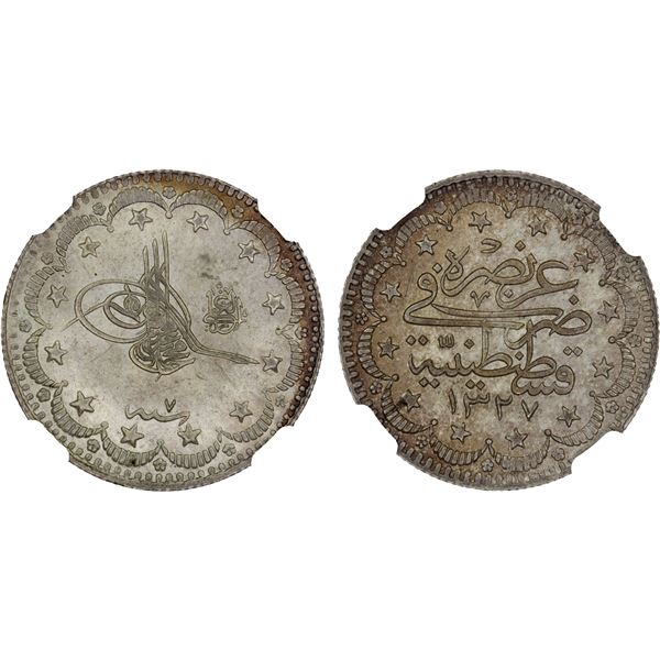 OTTOMAN TURKEY: Muhammad V, 1909-1918, AR 5 kurush, AH1327 year 7, NGC MS65