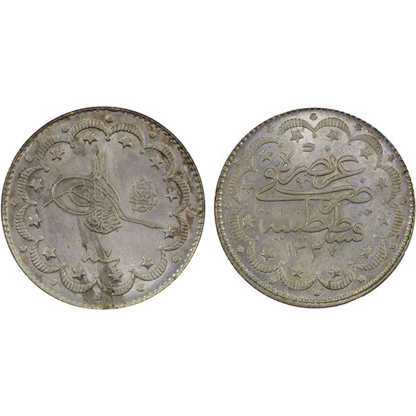 OTTOMAN TURKEY: Muhammad V, 1909-1918, AR 10 kurush, AH1327 year 7, NGC MS64