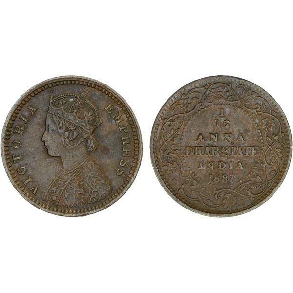 DHAR: Anand Rao, 1860-1898, 1/12 anna, 1887, choice VF-XF