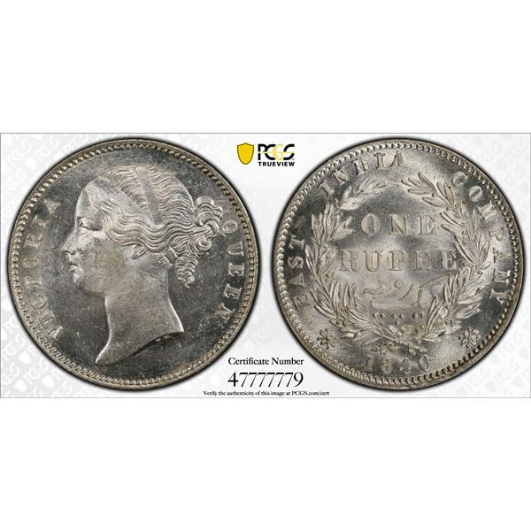 BRITISH INDIA: Victoria, Queen, 1837-1876, AR rupee, 1840b&c, PCGS MS63