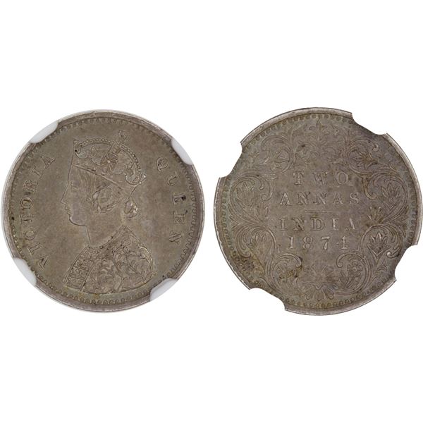 BRITISH INDIA: Victoria, Queen, 1837-1876, AR 2 annas, 1874(c), NGC AU58