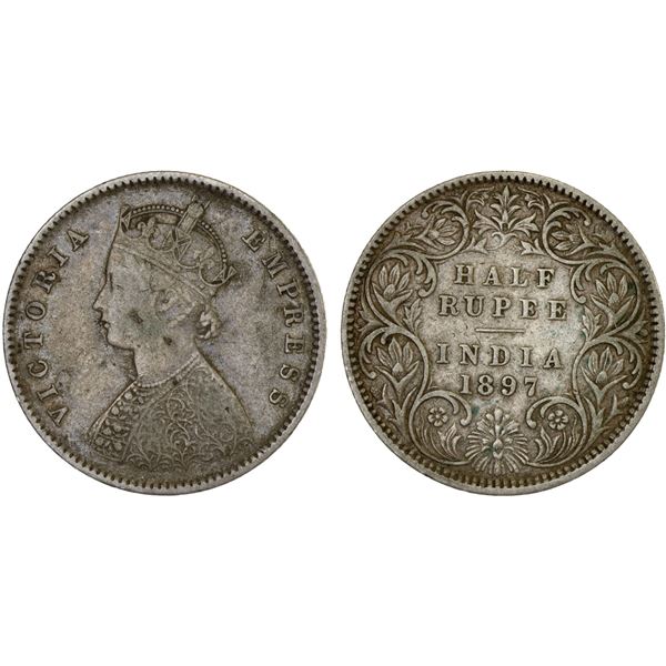 BRITISH INDIA: Victoria, Empress, 1876-1901, AR 1/2 rupee, 1897-C, F-VF