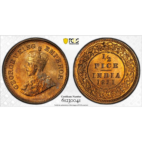 BRITISH INDIA: George V, 1910-1936, AE 1/2 pice, 1921(c), PCGS MS65 RB