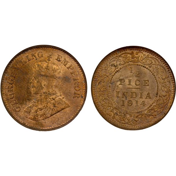 BRITISH INDIA: George V, 1910-1936, AE 1/2 pice, 1914, NGC MS66 RD