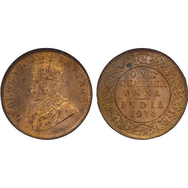 BRITISH INDIA: George V, 1910-1936, AE 1/4 anna, 1914(c), NGC MS65 RD