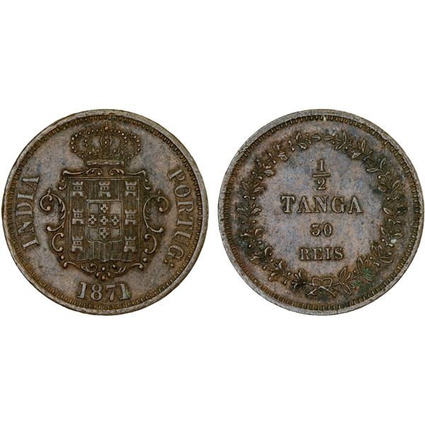 PORTUGUESE INDIA: Luis I, 1861-1889, AE 1/2 tanga / 30 reis, 1871, Choice XF