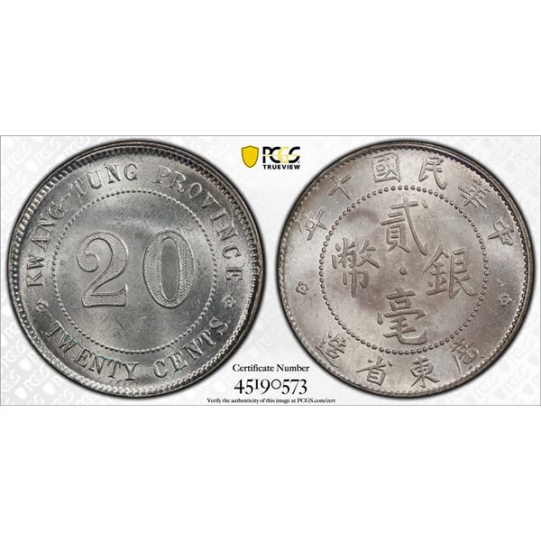 KWANGTUNG: Republic, AR 20 cents, year 3 (1914), PCGS MS63