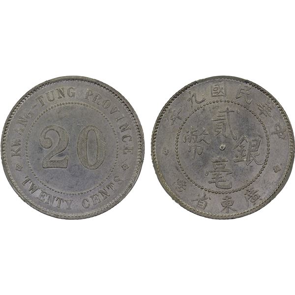 KWANGTUNG: Republic, AR 20 cents, year 9 (1920), PCGS MS62