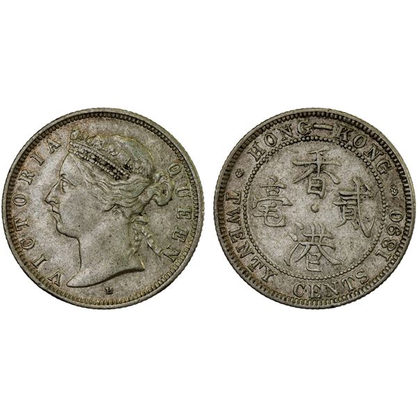 HONG KONG: Victoria, 1841-1901, AR 20 cents, 1890, XF-AU