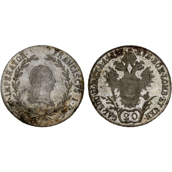 AUSTRIA: Franz I, 1804-1835, AR 20 kreuzers, 1823-A, Brilliant Unc