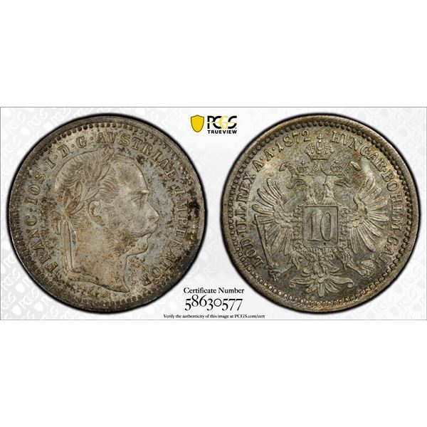 AUSTRIA: Francis Joseph I, 1848-1916, AR 10 kreuzer, 1872, PCGS MS64