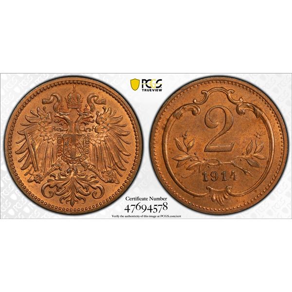 AUSTRIA: Franz Joseph I, 1848-1916, AE 2 heller, 1914, PCGS MS65 RD