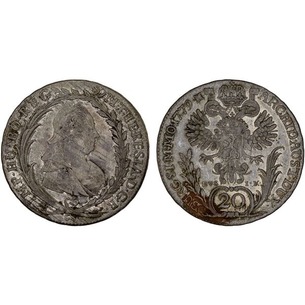 BOHEMIA: Maria Theresa, 1740-1780, AR 20 kreuzers, Prague, 1779, AU
