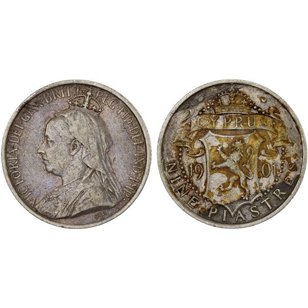 CYPRUS: Victoria, 1878-1901, AR 9 piastres, 1901, VF