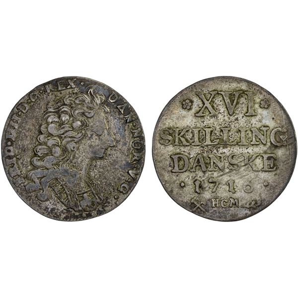 DENMARK: Frederic IV, 1699-1730, AR 16 skilling, 1716, VF
