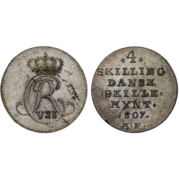 DENMARK: Christian VII, 1766-1808, AR 4 skilling, Altona, 1807, AU