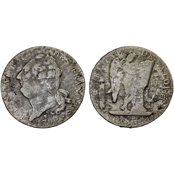 FRANCE: Louis XVI, 1774-1790, AR écu de 6 livres, 1792-BB, AG