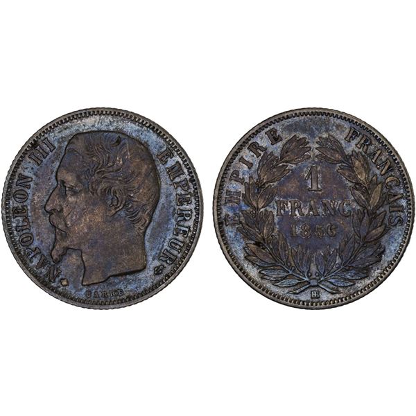 FRANCE: Napoleon III, 1852-1870, AR franc, Strasbourg, 1856-BB, XF