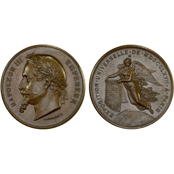 FRANCE: Napoleon III, 1852-1870, AE medal (59.77g), 1867, AU