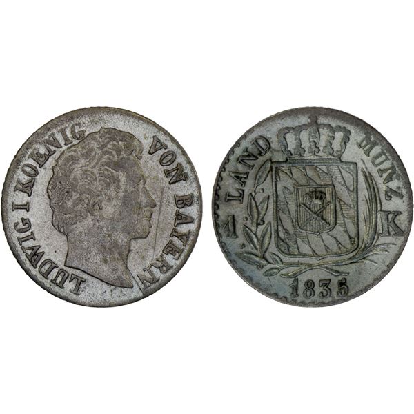 BAVARIA: Ludwig I, 1825-1848, AR kreuzer, 1835, Unc
