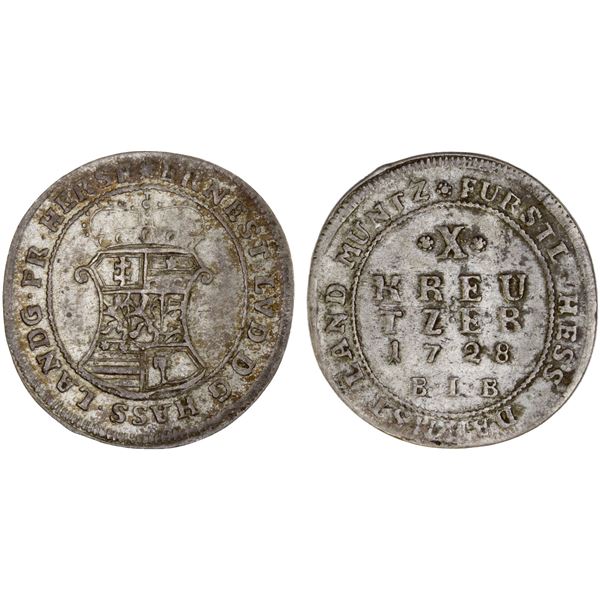 HESSE-DARMSTADT: Ernst Ludwig, 1678-1739, AR 10 kreuzer, Darmstadt, 1728, VF-XF