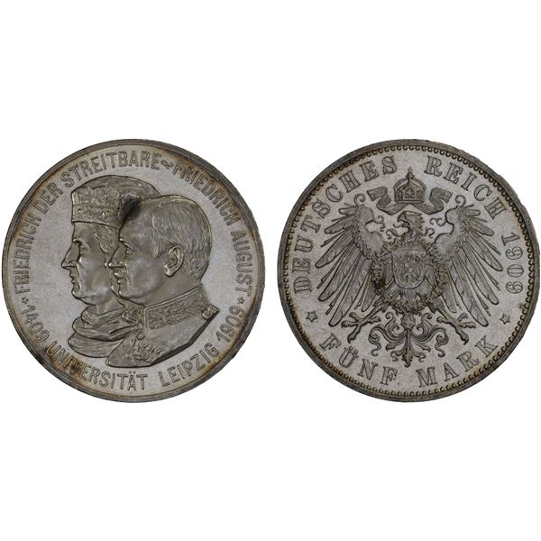 SAXONY: Friedrich August III, 1904-1918, AR 5 mark, Dresden Mint, 1909, Unc