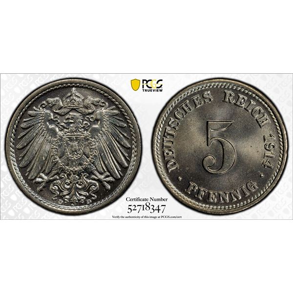 GERMANY: Kaiserreich, 5 pfennig, 1914-D, PCGS MS66