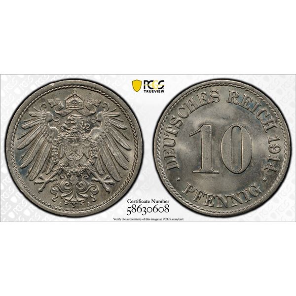GERMANY: Kaiserreich, 10 pfennig, 1914-A, PCGS MS65