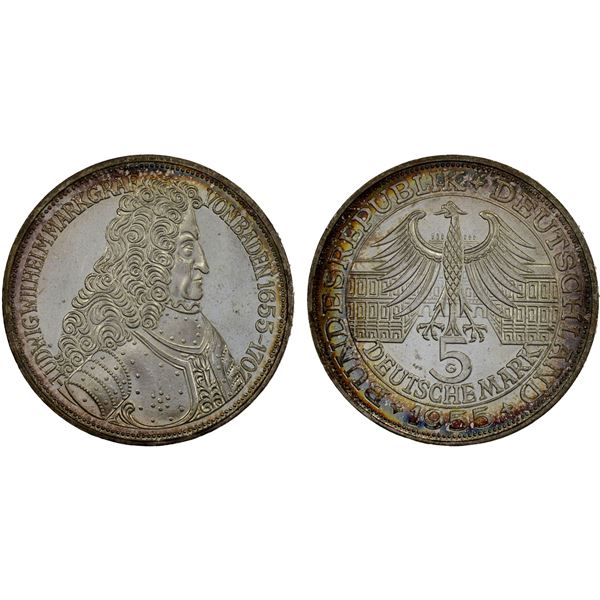 GERMANY: Republic, AR 5 mark, 1955-G, Unc