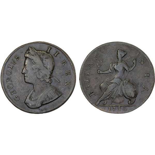 GREAT BRITAIN: George II, 1727-1760, AE 1/2 penny, 1730, F-VF
