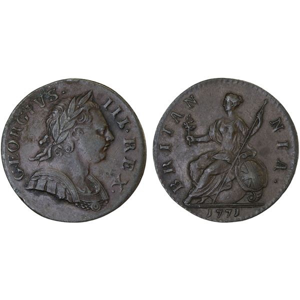 GREAT BRITAIN: George III, 1760-1820, AE halfpenny, 1771, VF