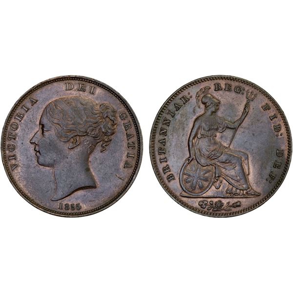 GREAT BRITAIN: Victoria, 1837-1901, AE penny, 1855/4, XF