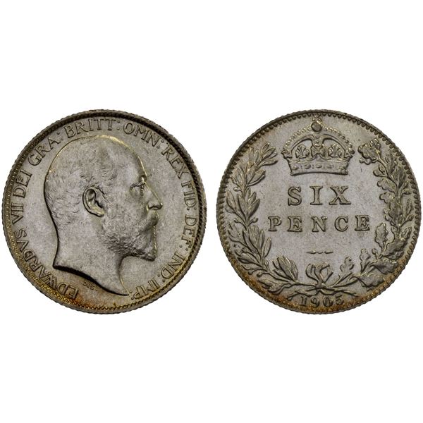 GREAT BRITAIN: Edward VII, 1901-1910, AR sixpence, 1905, Unc