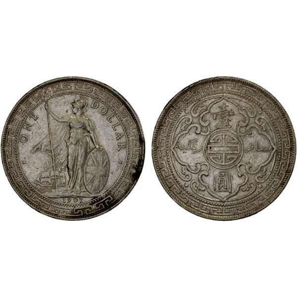 GREAT BRITAIN: AR trade dollar, 1907-B, XF