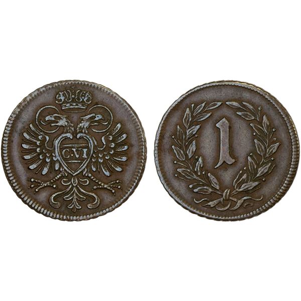 HUNGARY: Karl VI, 1711-1740, AE kreuzer token (2.01g), ND (1730), VF