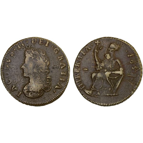 IRELAND: James II, 1685-1691, AE halfpenny (7.07g), 1691, VF