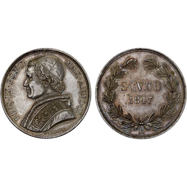 ITALY: PAPAL STATES: Pius IX, 1846-1878, AR scudo, 1847-R, XF