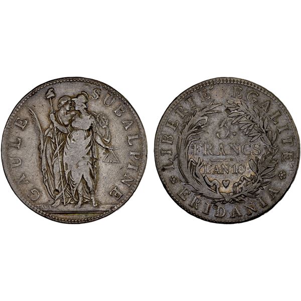 ITALY: PIEDMONT REPUBLIC: AR 5 francs, L'AN 10 (1802), Fine