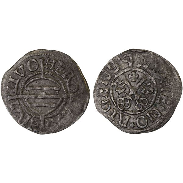 LIVONIAN ORDER: Hermann Brüggenei-Hasenkamp, 1535-1549, AR schilling (1.09g), Riga, 1547, XF-AU