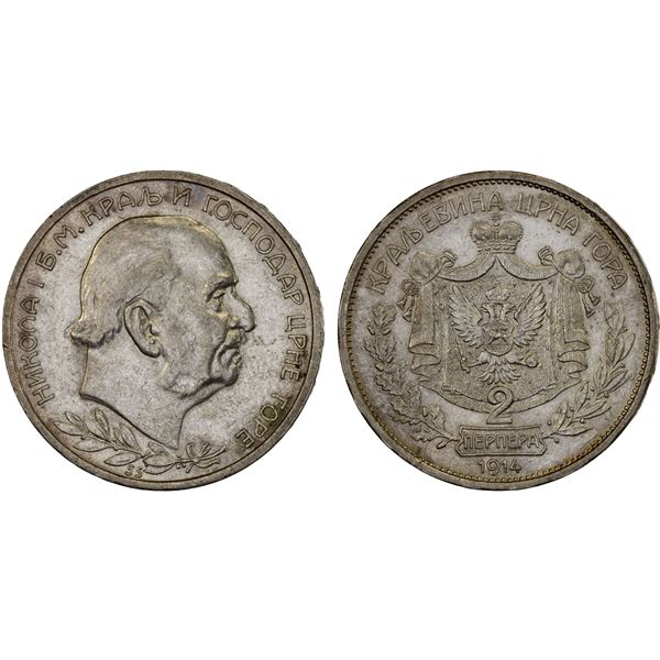 MONTENEGRO: Nicholas I, as King, 1910-1918, AR 2 perpera, 1914, XF