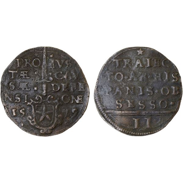 NETHERLANDS: Maastricht: Siege Coinage, AE 2 stuivers (6.33g), 1579, F-VF