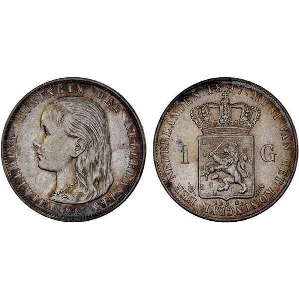 NETHERLANDS: Wilhelmina I, 1890-1948, AR gulden, 1897, XF-AU