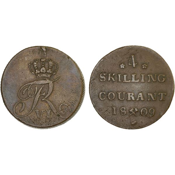 NORWAY: Frederik VI, 1808-1839, AE 4 skilling, 1809, VF