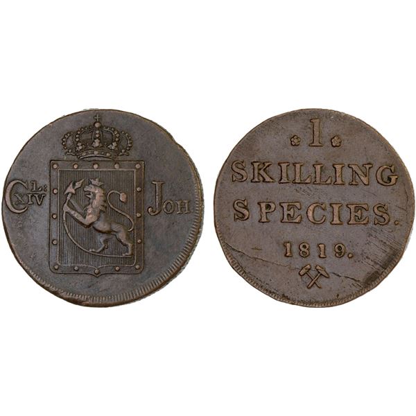 NORWAY: Carl XIV, 1818-1844, AE skilling, Kongsberg, 1819, VF-XF