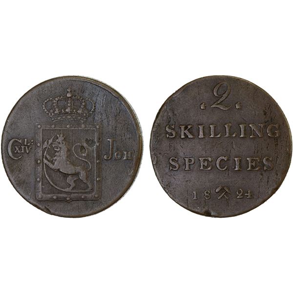 NORWAY: Carl XIV Johan, 1818-1844, AE 2 skilling, 1824, VF