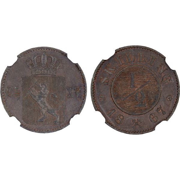 NORWAY: Carl XV Adolf, 1859-1872, AE 1/2 skilling, 1867, NGC MS63 BN