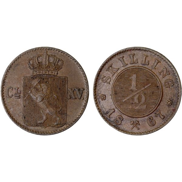 NORWAY: Carl XV Adolf, 1859-1872, AE 1/2 skilling, 1867, AU