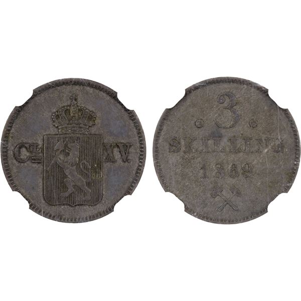 NORWAY: Carl XV Adolf, 1859-1872, BI 3 skilling, 1869, NGC MS63